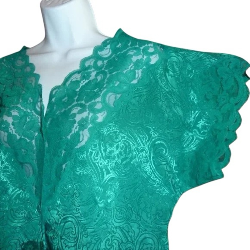 Vintage Lingerie Sleep Shirt, Val Mode, Teal Green Satin Gown, Lace, Buttons, S